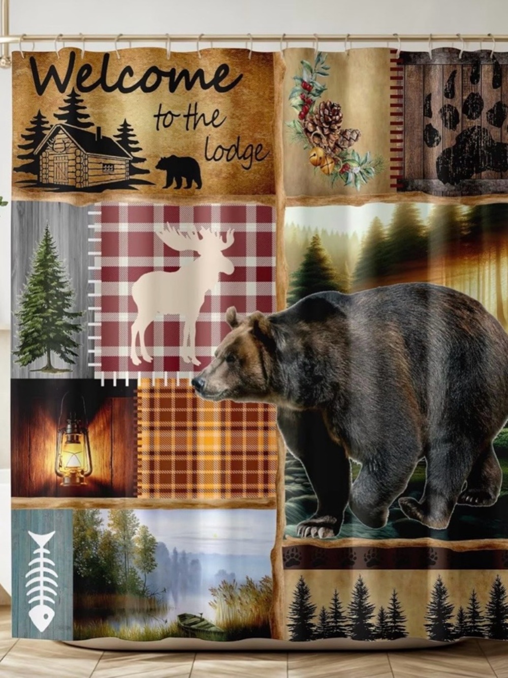 Welcome to the Lodge Bear Patchwork Shower Curtain - Brown & Green